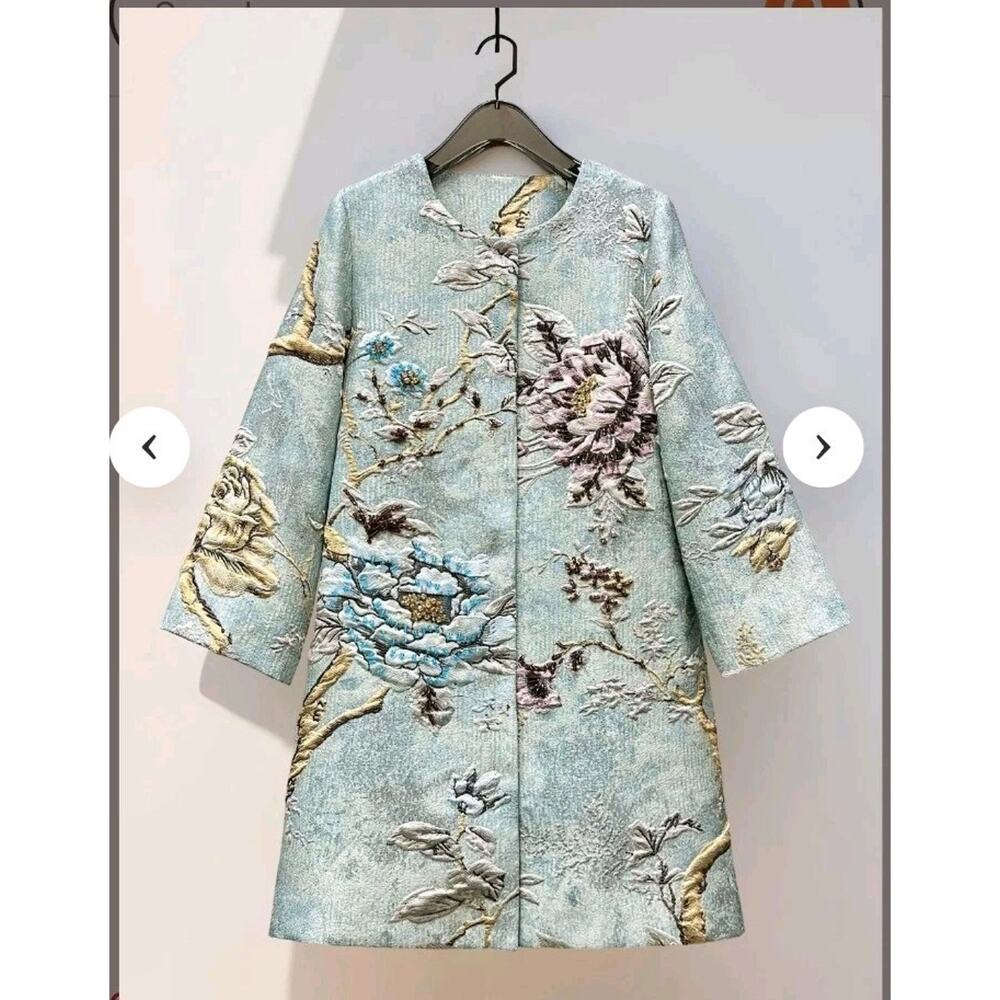 NEW Handcrafted Hand Embroidered Jacket Coat Duster XL Blue Floral Jacquard Bead